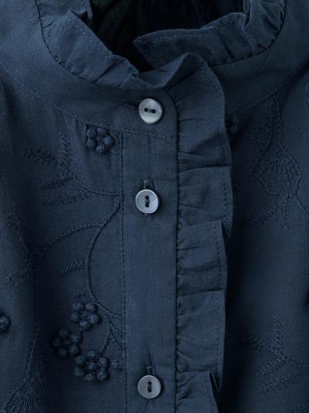 Mango Mandarin Collar Embroidered Cotton Ruffle Blouse, Navy - view 2, Navy
