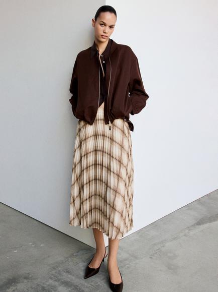 Mango Checked Pleated Midi Skirt, Brown/Multi, Brown/Multi