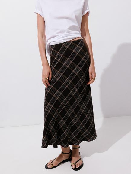 Mango Mid-Rise Checked Bias Midi Skirt, Brown, Brown