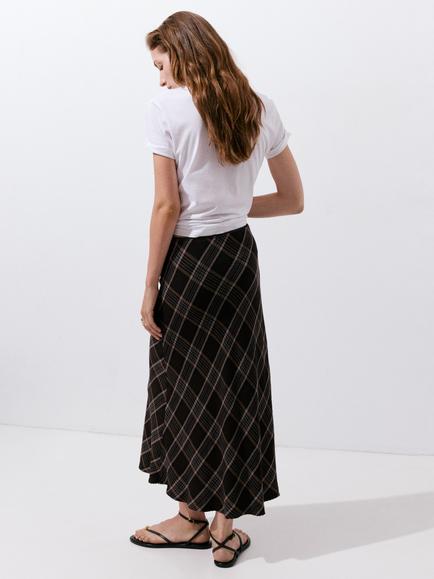 Mango Mid-Rise Checked Bias Midi Skirt, Brown - view 2, Brown