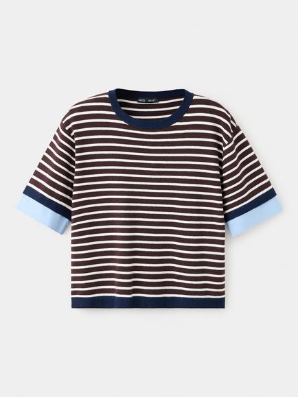 Mango Biboy Stripe Short Sleeve Crew Neck Jumper, Chocolate, Chocolate