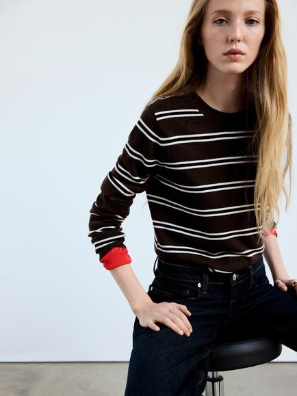 Mango Striped Crew Neck Knit Jumper, Chocolate, Chocolate