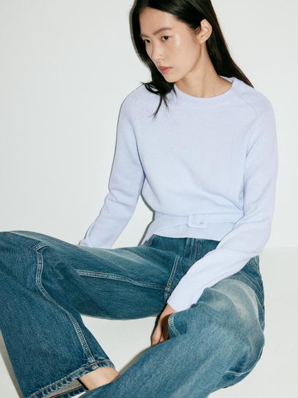 Mango Belted Crew Neck Knit Jumper, Sky Blue, Sky Blue