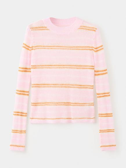 Mango Fine Knit Stripe Crew Neck Jumper, Pastel Pink, Pastel Pink