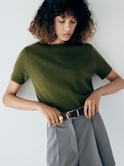 Mango Short Sleeve Crew Neck Knit Jumper, Green, Green