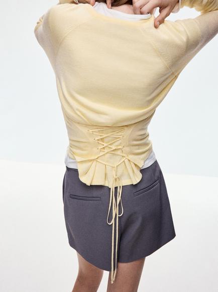 Mango Cross Bow Tie Back Crewneck Knit Jumper, Pastel Yellow - view 2, Pastel Yellow