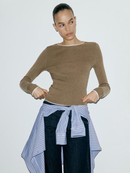 Mango Sculpted Contrast Trim Fine Knit Top, Taupe, Taupe