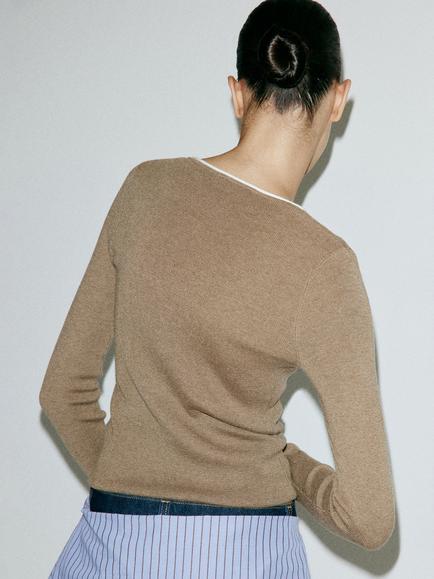Mango Sculpted Contrast Trim Fine Knit Top, Taupe - view 2, Taupe