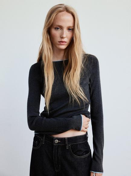 Mango Sculpted Contrast Trim Fine Knit Top, Grey, Grey