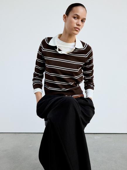 Mango Sculpted Collared Striped Knit Jumper, Chocolate, Chocolate