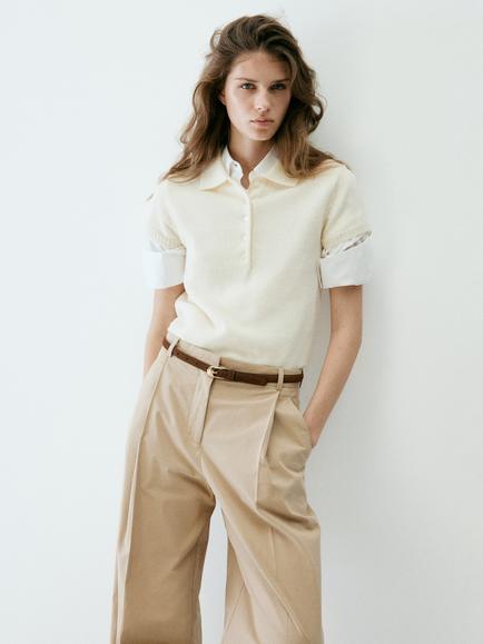 Mango Short Sleeve Knit Polo Jumper, Raw, Raw