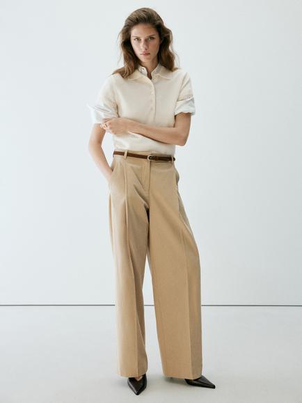 Mango Short Sleeve Knit Polo Jumper, Raw - view 2, Raw