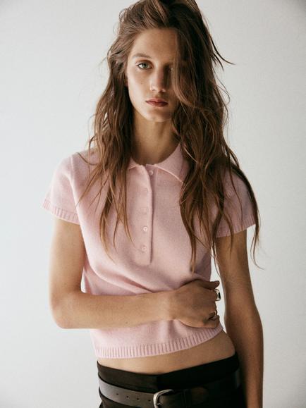 Mango Short Sleeve Knitted Polo Top, Pastel Pink, Pastel Pink
