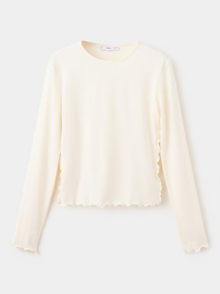 Mango Ribbed Scalloped Hem T-Shirt, Off White, Off White