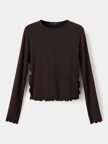 Mango Ribbed Scalloped Hem T-Shirt, Chocolate, Chocolate