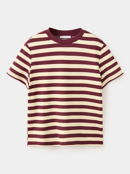 Mango Striped Relaxed Fit Crew T-Shirt, Garnet, Garnet