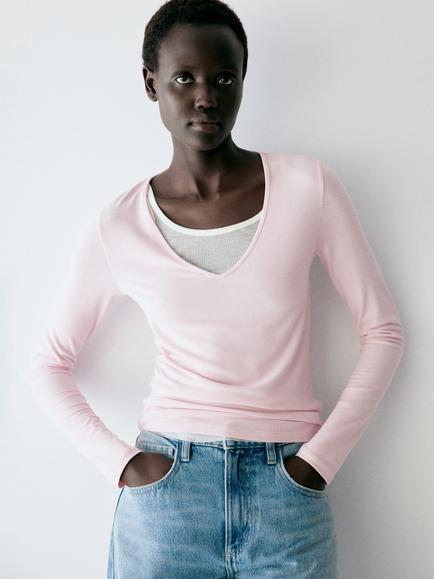 Mango Sculpting V-Neck Long Sleeve Top, Pink