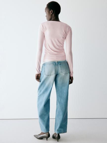 Mango Sculpting V-Neck Long Sleeve Top - view 2, Pink
