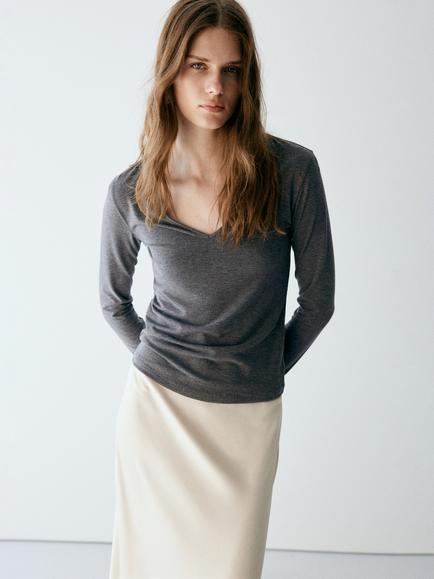 Mango Sculpting V-Neck Long Sleeve Top, Dark Grey Melange