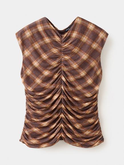 Mango V-Neck Sleeveless Blouse, Brown/Multi, Brown/Multi