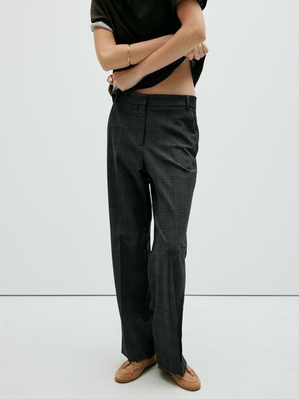 Mango Mid Rise Checked Straight Trousers, Grey, Grey