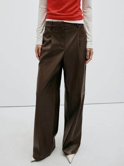 Mango Wide Leg Faux Leather Trousers, Taupe