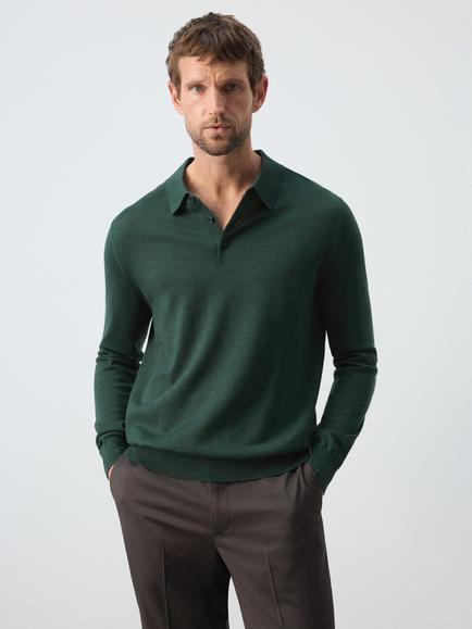 Mango Willys Wool Regular Fit Long Sleeve Polo Shirt, Bottle Green, Bottle Green