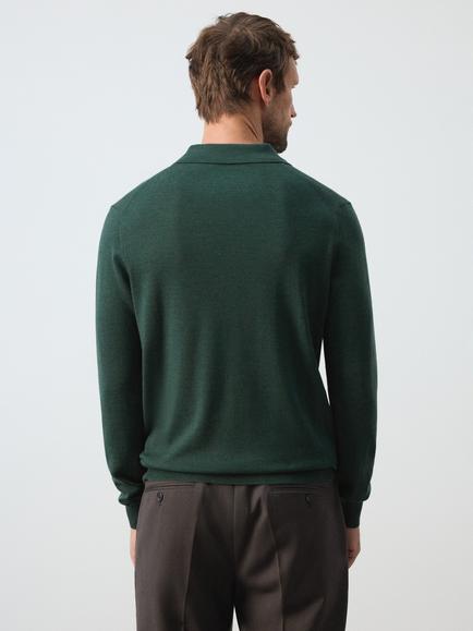 Mango Willys Wool Regular Fit Long Sleeve Polo Shirt, Bottle Green - view 2, Bottle Green