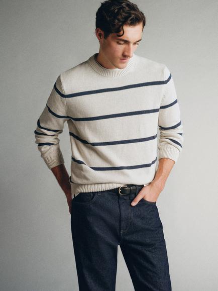 Mango Verai Stripe Cotton Jumper, Stone
