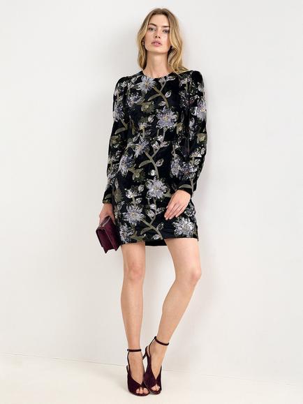 Phase Eight Destiny Long Sleeve Sequin A-Line Mini Dress, Black, Black