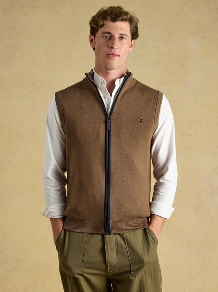 Joules Knitted Zip-Through Gilet, Brown, Brown
