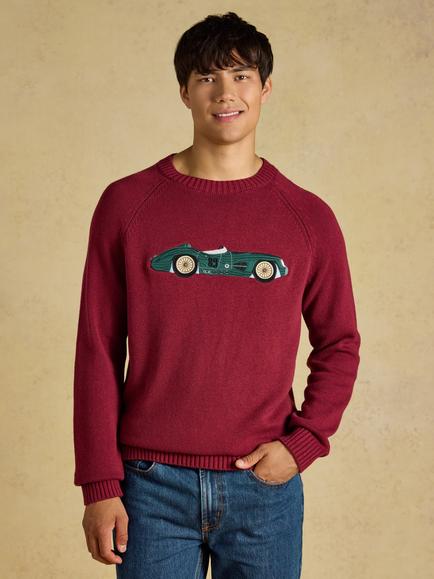 Joules Cotton Car Crew Neck Jumper, Burgundy Red, Burgundy Red