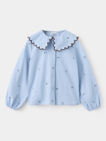 Mango Kids' Scallop Collar Embroidered Blouse, Sky Blue, Sky Blue