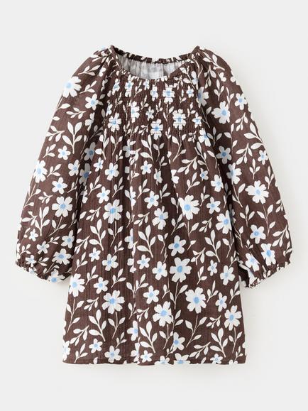 Mango Baby Cotton Floral Long Sleeve Dress, Brown, Brown