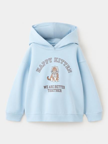 Mango Baby Cotton Happy Kitten Hoodie, Blue, Blue