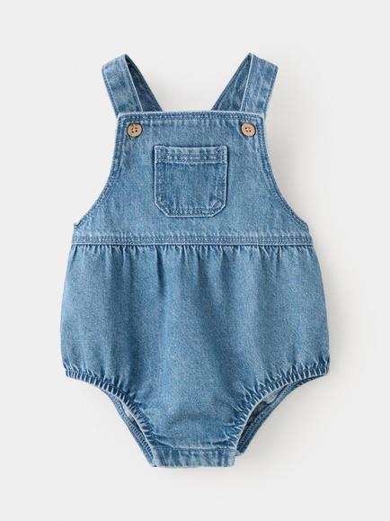Mango Kids' Denim Dungaree Romper, Mid Blue, Mid Blue