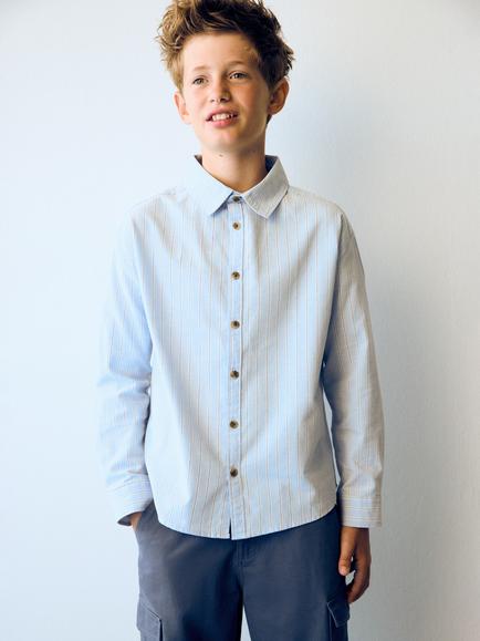 Mango Kids' Pure Cotton Long Sleeve Stripe Shirt, Sky Blue, Sky Blue