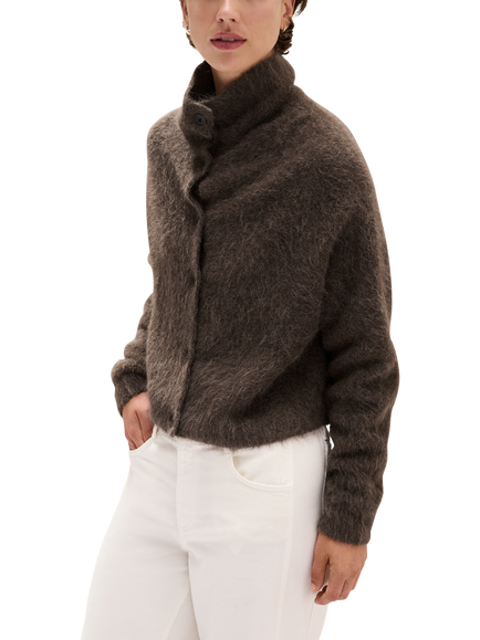 The White Company Alpaca Rich High Neck Cardigan, Milk Chocolate Marl, Milk Chocolate Marl