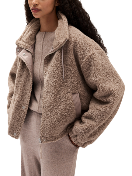The White Company High Neck Oversized Borg Jacket, Rye Marl, Rye Marl