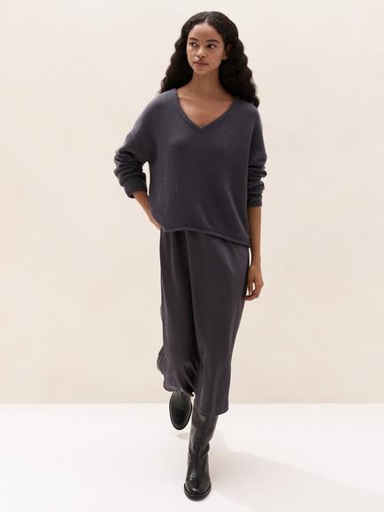 The White Company V-Neck Wool Blend Knitted Dress, Graphite, Graphite