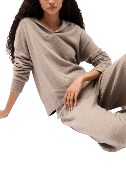 The White Company Pure Cashmere Ribbed Detail Overlap Hoodie, Rye Marl, Rye Marl