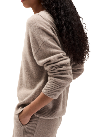 The White Company Pure Cashmere Ribbed Detail Overlap Hoodie, Rye Marl - view 2, Rye Marl