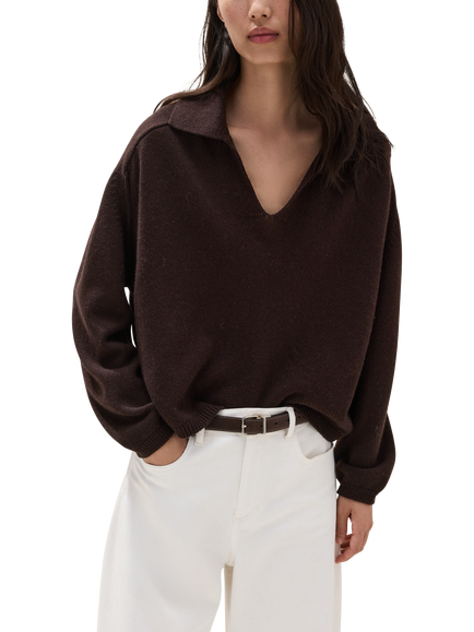 The White Company Wool Blend with Cashmere Collared Jumper containing LENZING™ ECOVERO™ Viscose, Dark Chocolate
