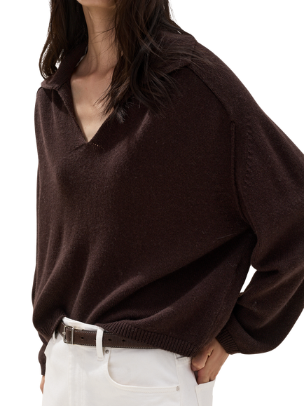 The White Company Wool Blend with Cashmere Collared Jumper containing LENZING™ ECOVERO™ Viscose - view 2, Dark Chocolate