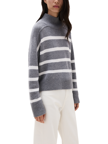 The White Company Stripe Funnel Neck Wool Blend with Cashmere Boxy Jumper, Grey