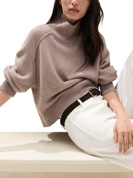 The White Company Wool Blend with Cashmere Funnel Neck Jumper, Rye Marl, Rye Marl