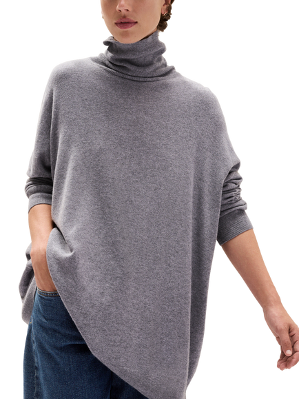 The White Company Longline Wool Blend with Cashmere Funnel Neck Jumper, Grey Marl, Grey Marl