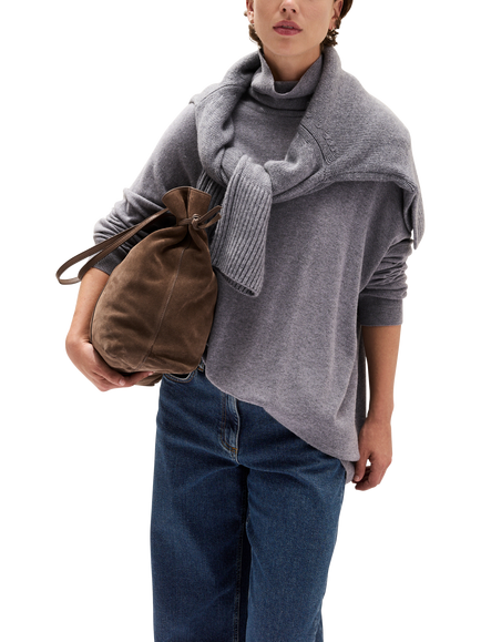The White Company Longline Wool Blend with Cashmere Funnel Neck Jumper, Grey Marl - view 2, Grey Marl