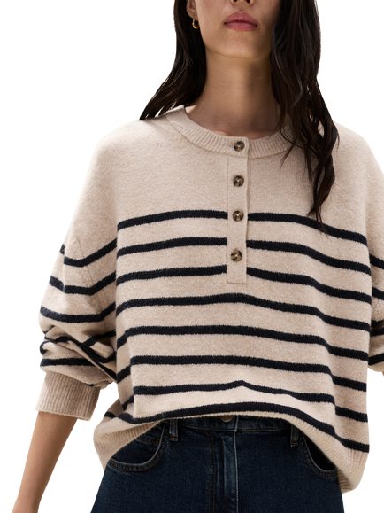 The White Company Striped Placket Jumper, Birch Marl, Birch Marl
