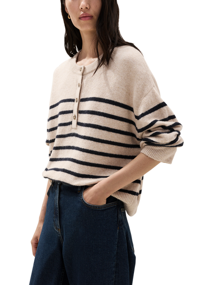 The White Company Striped Placket Jumper, Birch Marl - view 2, Birch Marl
